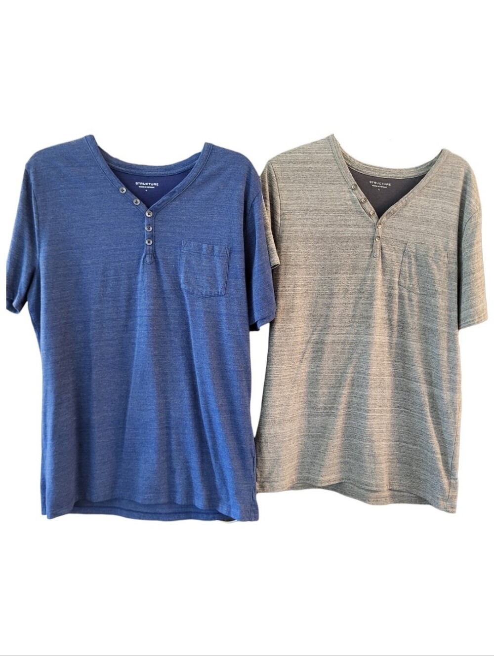 Set of 2 Structure Men's Henley Shirts - Navy Blue and Gray Heather - Size L